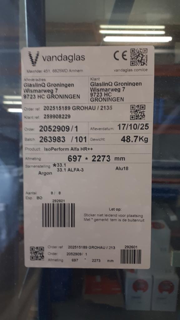 8 grote hr ++  ruiten nieuw  br 697mm hoogte 2273 mm, Ophalen of Verzenden, Nieuw, Gevelraam of Ruit