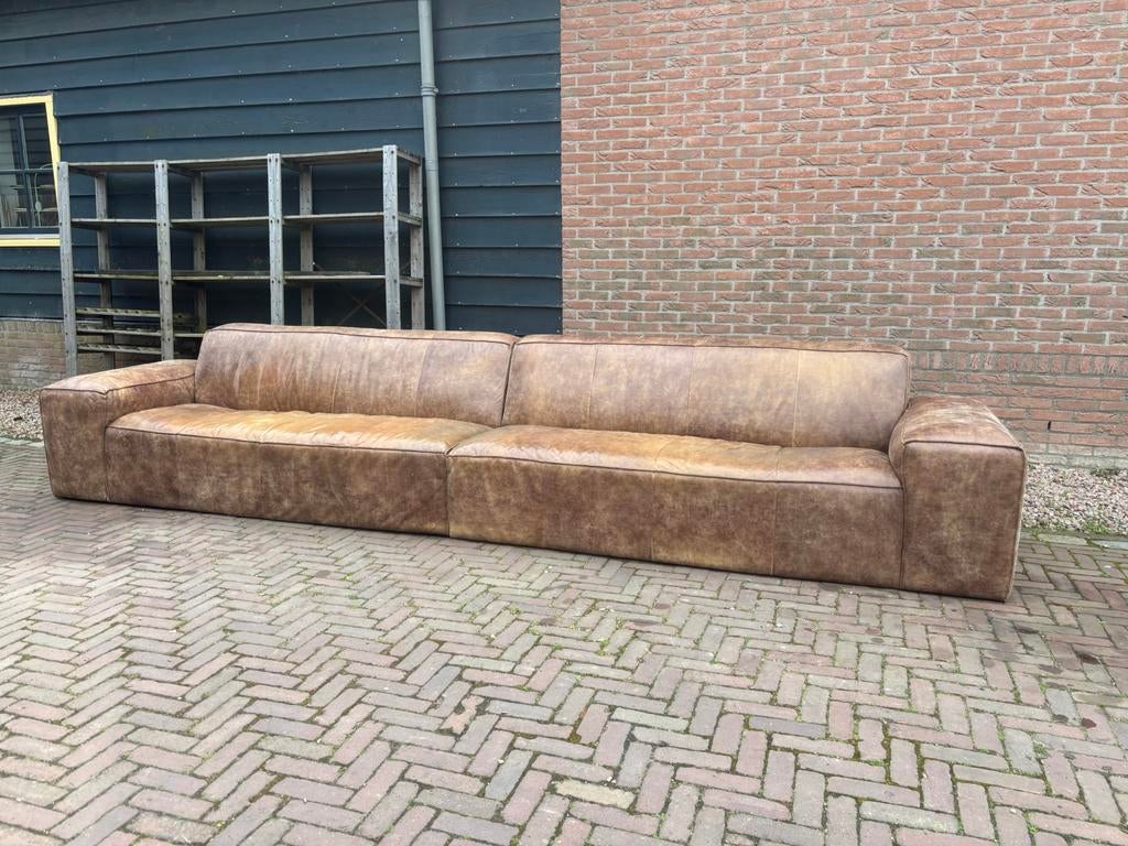 Stoere Industriële Buffelleren Bank 4.50 mtr.breed, Gebruikt, 100 tot 125 cm, Stoer Industrieel, 300 cm of meer