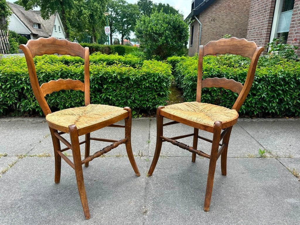 2 vintage Culemborgse houten stoelen, rieten zitting, Ophalen, Gebruikt, Twee, Bruin
