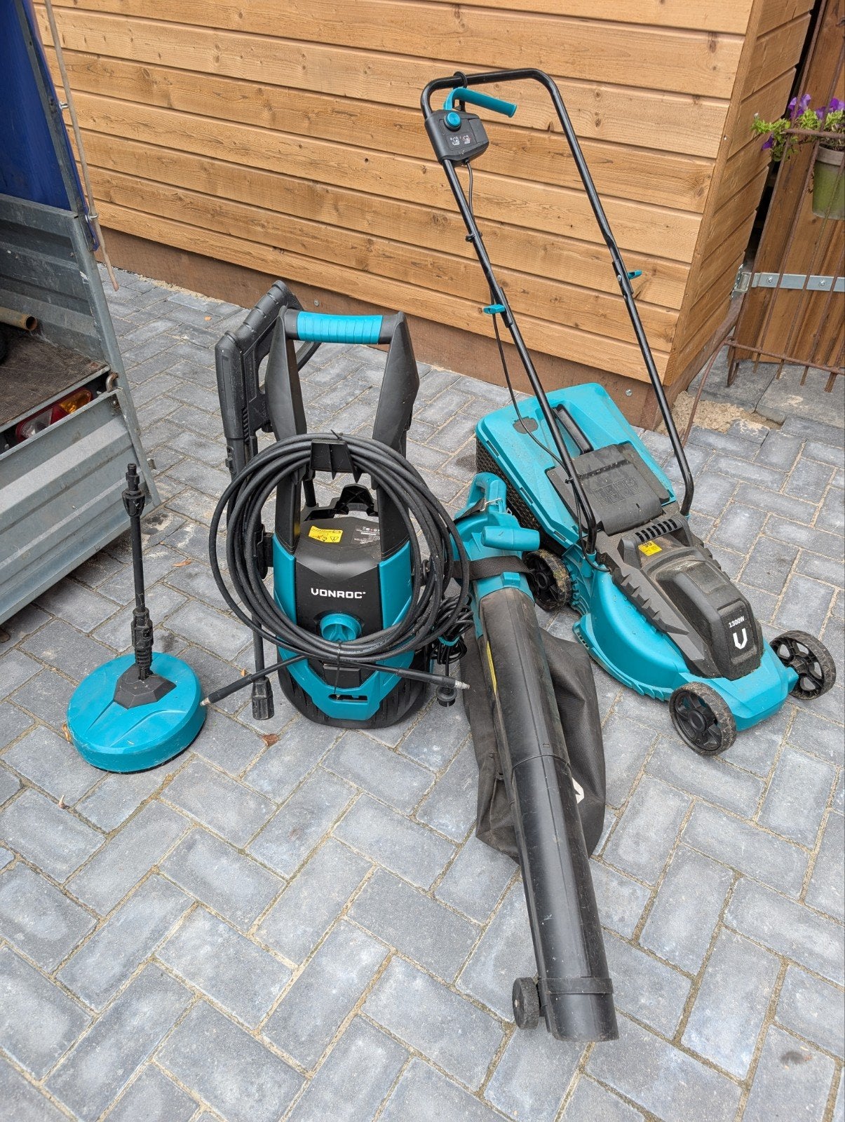 Grasmaaier, hogedrukreiniger en bladblazer/zuiger set, Tuin en Terras, Ophalen, Cirkelmaaier, Gebruikt, Elektrische grasmaaier