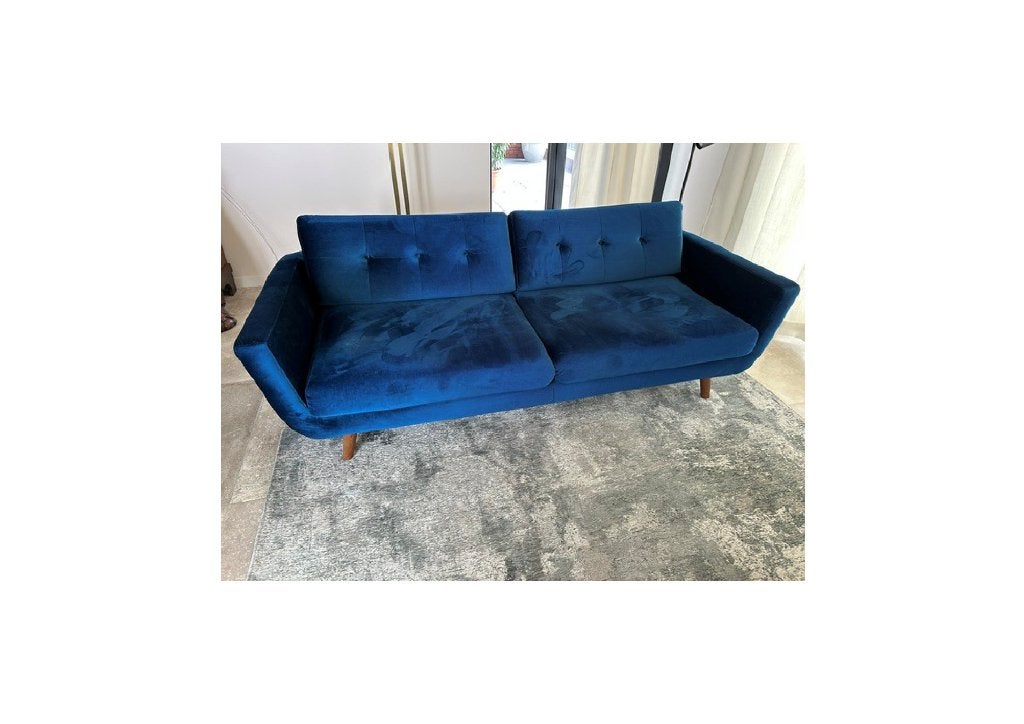 Drie-zits bank blauw fluweel, Ophalen, Driepersoons, 75 tot 100 cm, Zo goed als nieuw