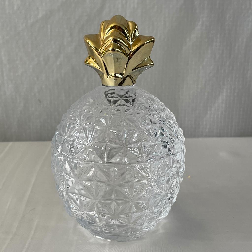 H&M glazen ananas pot met deksel goudkleurig 15 cm, Ophalen of Verzenden, Zo goed als nieuw, Glas, Goud