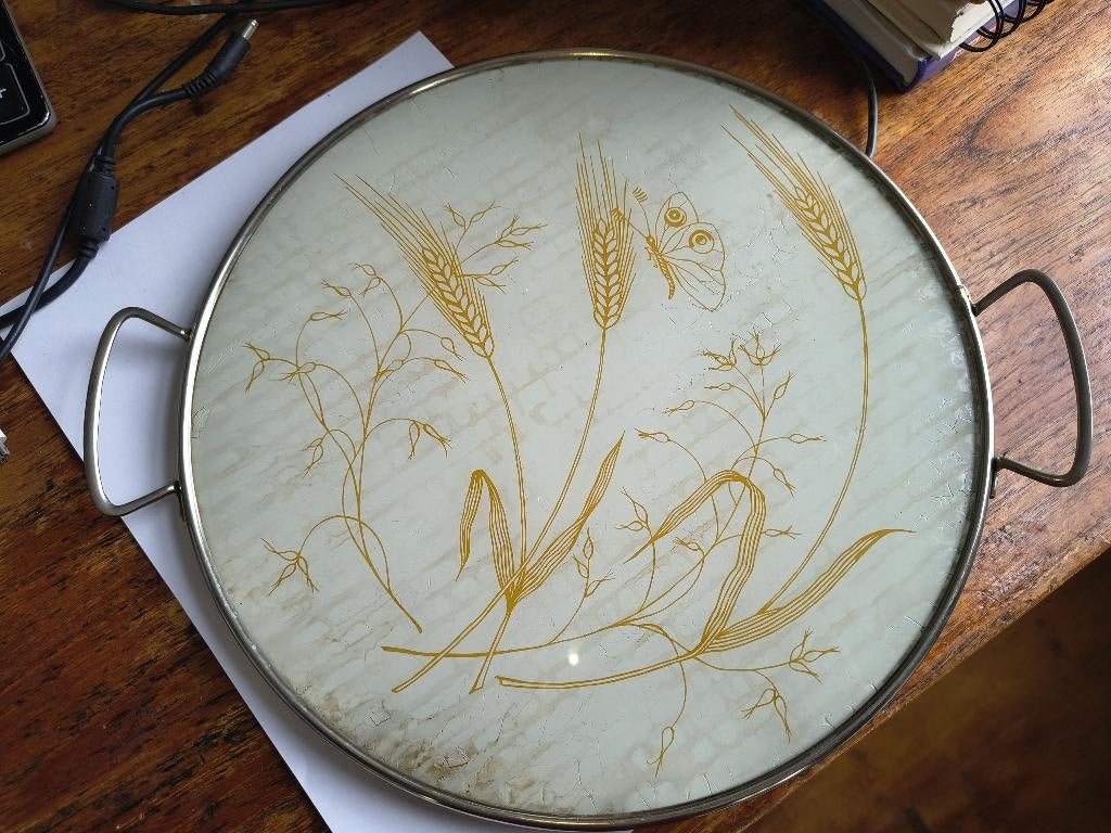 Vintage dienblad/taart met tarwe / vlinder motief, Ophalen of Verzenden