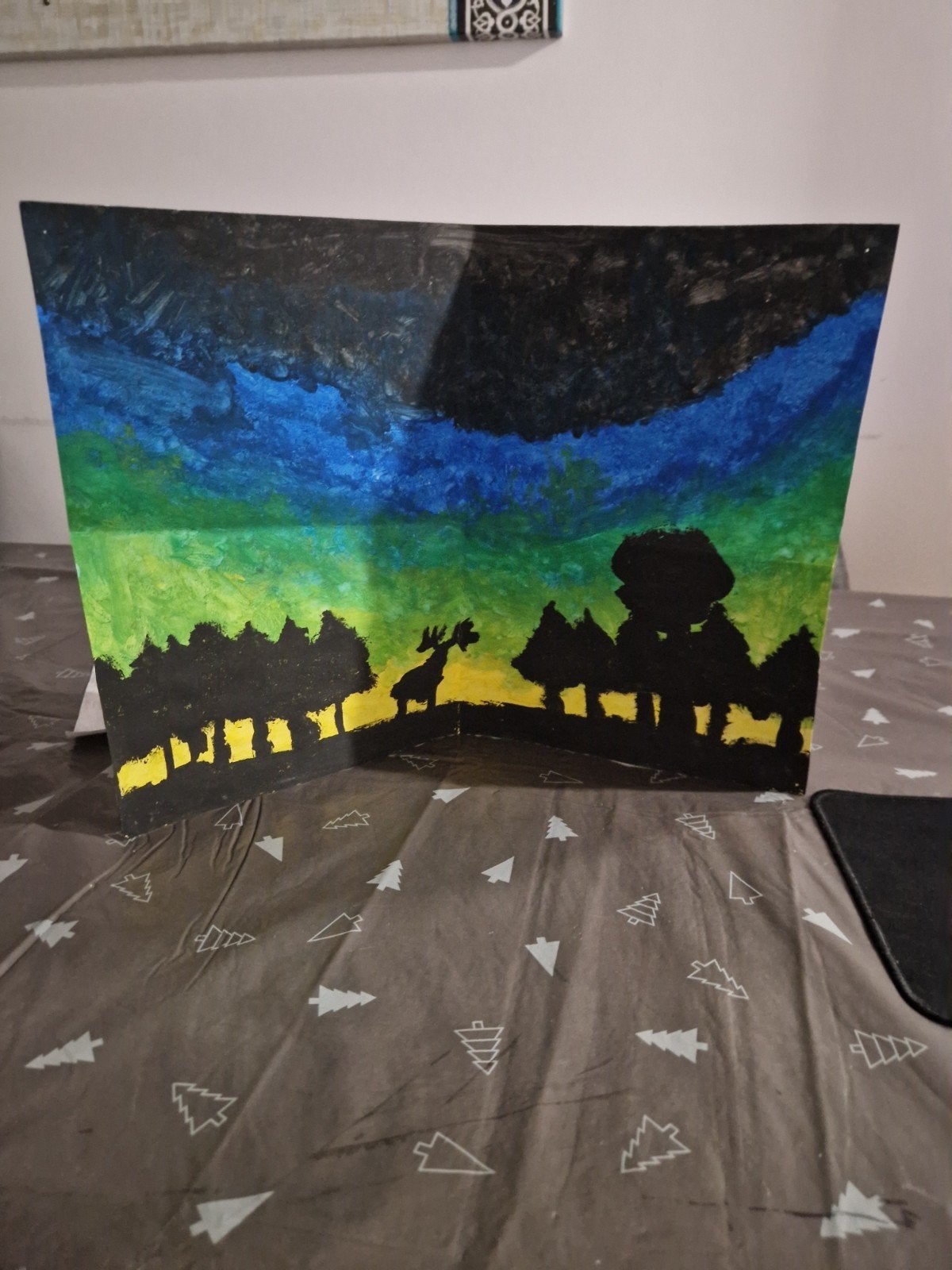 Schilderij met boslandschap en eland, Antiek en Kunst, Acrylverf, Handgeschilderd, Papier/karton, Landschap