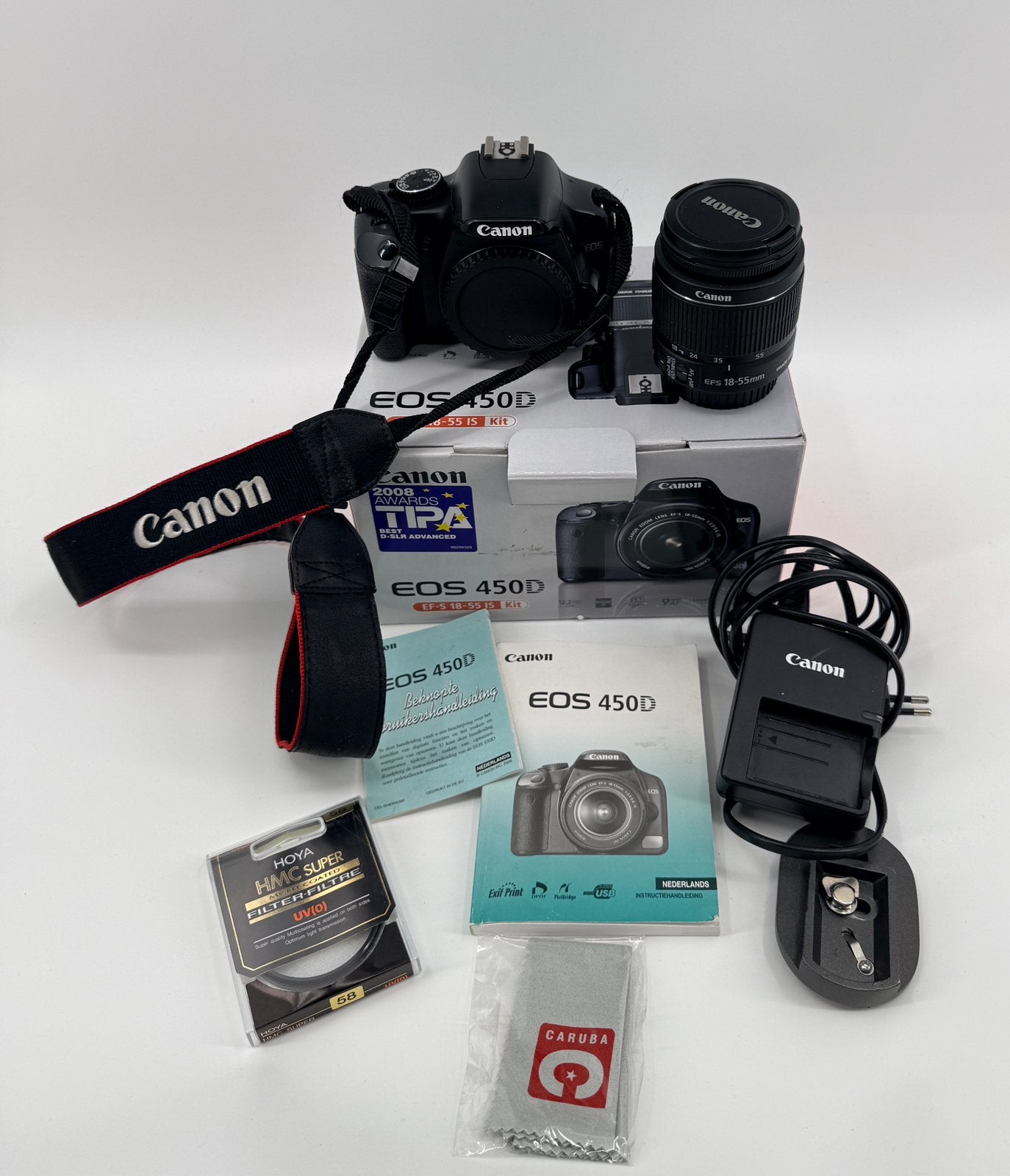 Canon EOS 450D + EF-S 18-55mm IS lens – complete set + doos, Gebruikt, Spiegelreflex, 12 megapixels, Ophalen of Verzenden