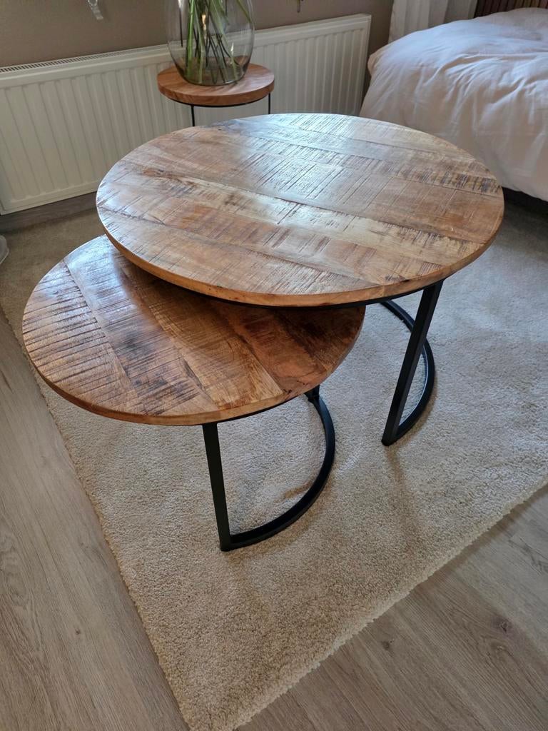 Salontafels Mango hout, set van 2, Overige houtsoorten, 50 tot 100 cm, Rond, Industrieel, Modern