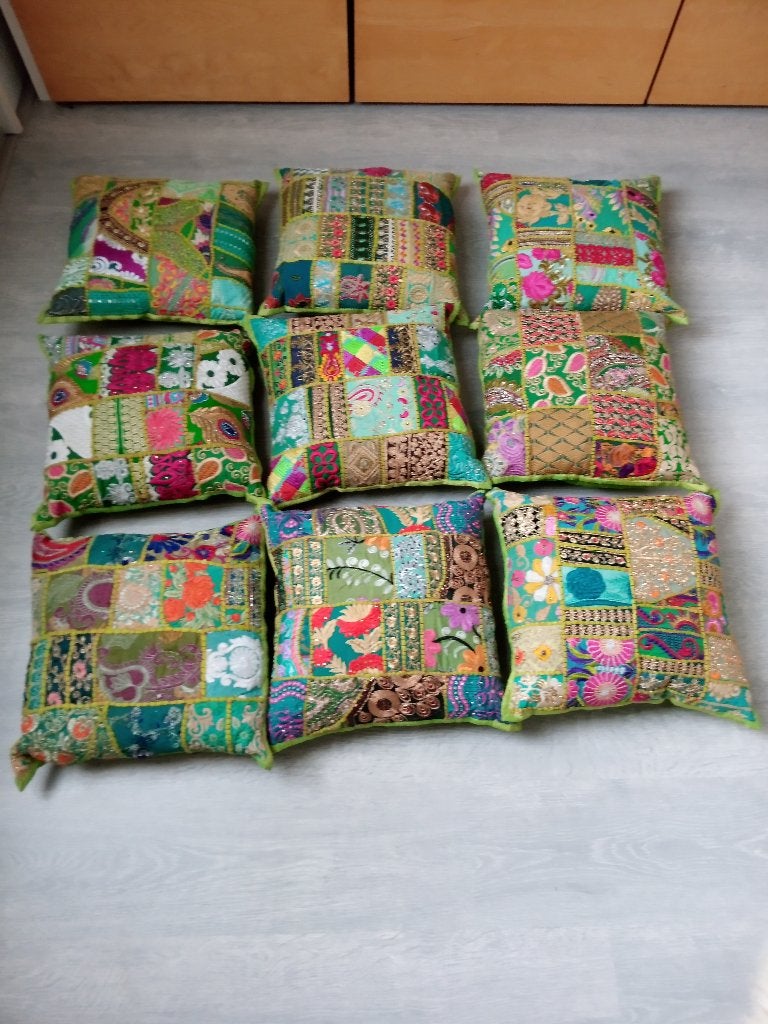 9x Groene kussentjes India handmade, Huis en Inrichting, Woonaccessoires | Kussens, Vierkant, Ophalen of Verzenden, Zo goed als nieuw