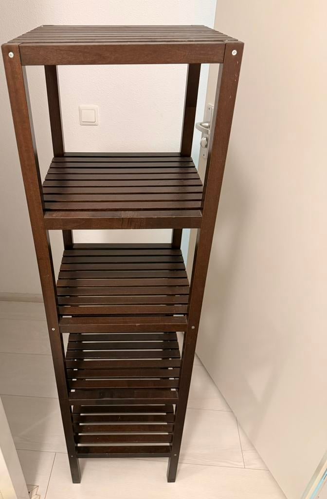Donkerbruin houten badkamerrek met 5 planken IKEA, Ophalen, Zo goed als nieuw