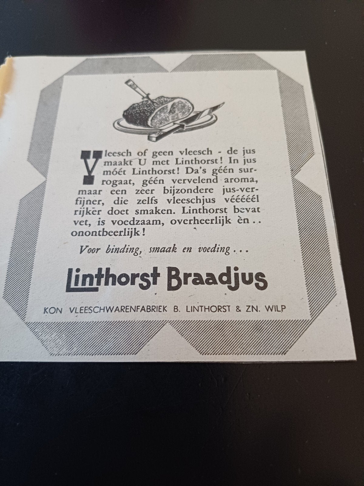 advertentie Linthorst braadjus Wilp vlees 1946, Ophalen of Verzenden, Zo goed als nieuw, Overige typen