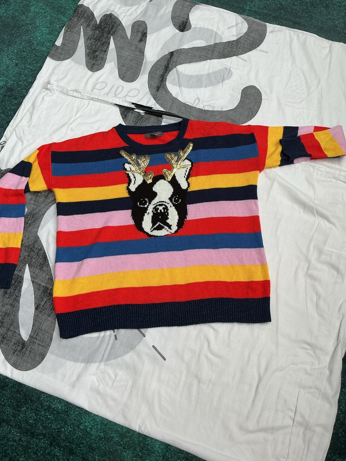 Gestreepte trui met Boston Terrier en gouden gewei maat M, Kleding | Dames, Ophalen of Verzenden, Nieuw, Maat 38/40 (M), Meerkleurig