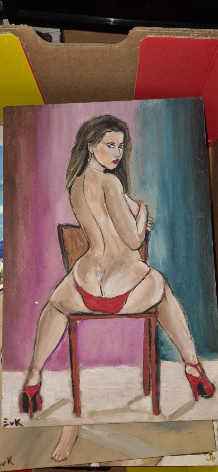 Schilderij van een vrouw in rode lingerie, 25x15cm, Ophalen of Verzenden