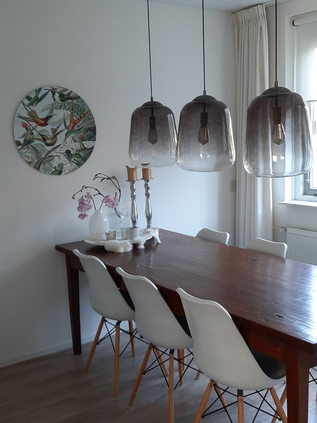 Hanglamp met 3 glazen kappen - Grijs/Transparant, Huis en Inrichting, Ophalen, Modern, Industrieel, E27 (groot), Zo goed als nieuw