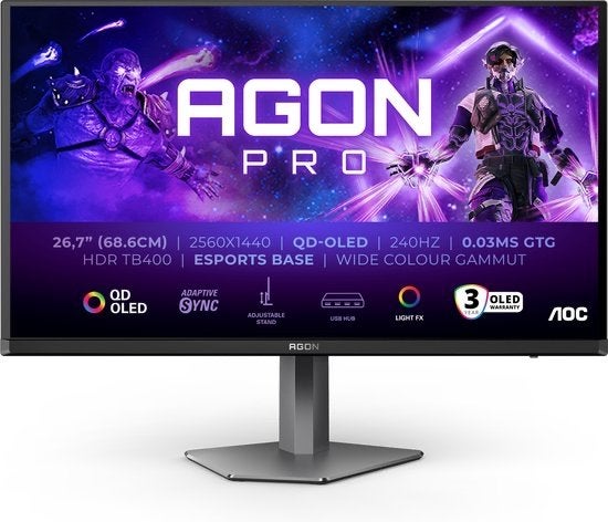 AOC AGON PRO AG276QZD2 - QHD OLED Gaming Monitor - 280Hz, Computers en Software, Monitoren, Gaming, HDMI, Info@novadisplays.nl