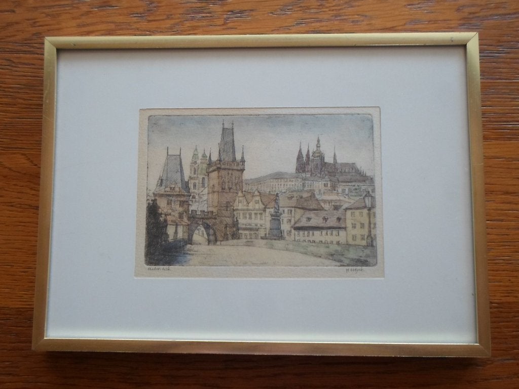 Kleuren Ets Stadsgezicht Praag, Ophalen of Verzenden