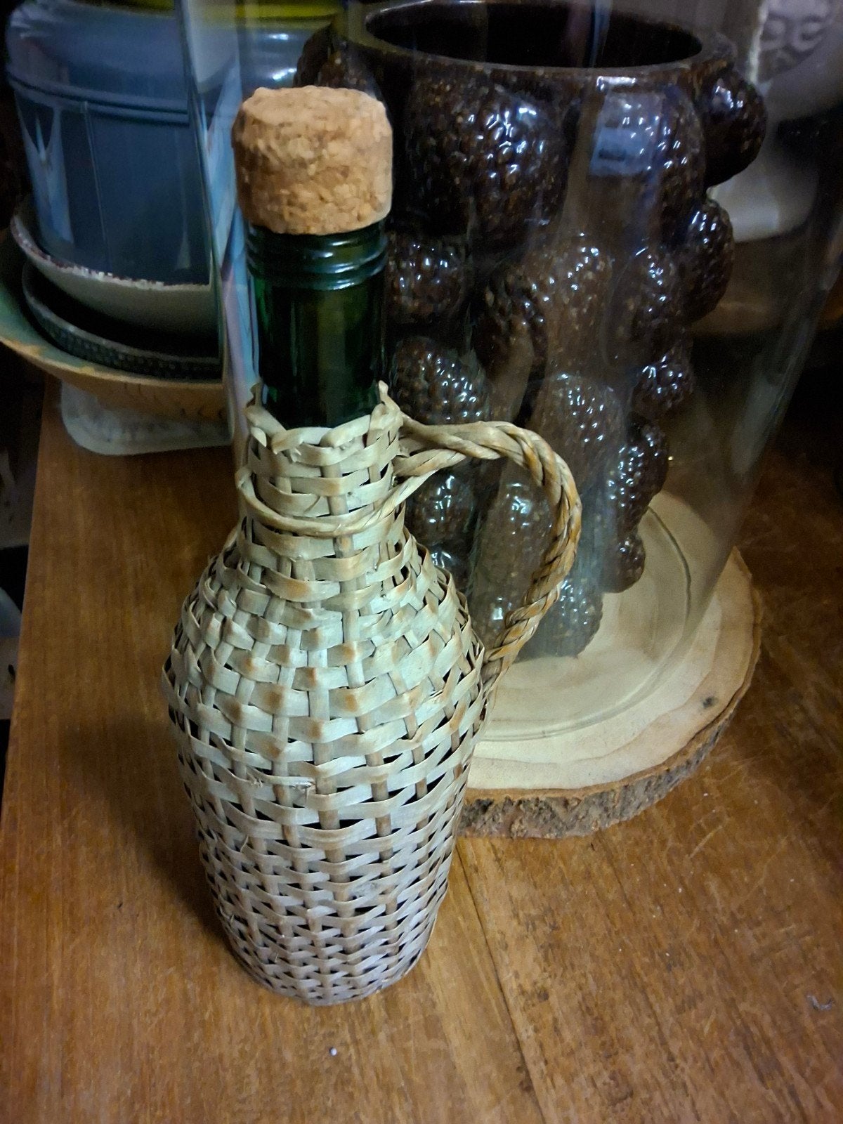 Vintage rieten fles met kurk - 30 cm hoog, Ophalen of Verzenden
