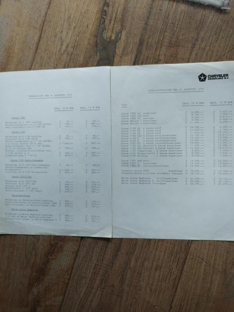 Simca Chrysler Matra prijslijst 1976, Zo goed als nieuw, Overige merken, Simca, Ophalen of Verzenden