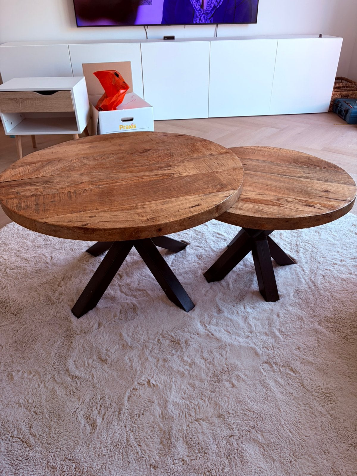 Mangohout salontafels set rond - mangohouten salontafelset, Huis en Inrichting, Ophalen of Verzenden, Zo goed als nieuw, Rond