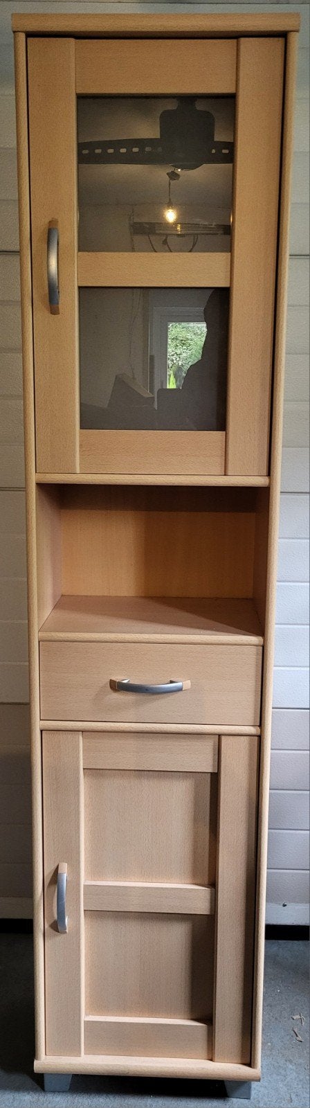Hoge kast met glazen deur en lade - licht hout, Ophalen