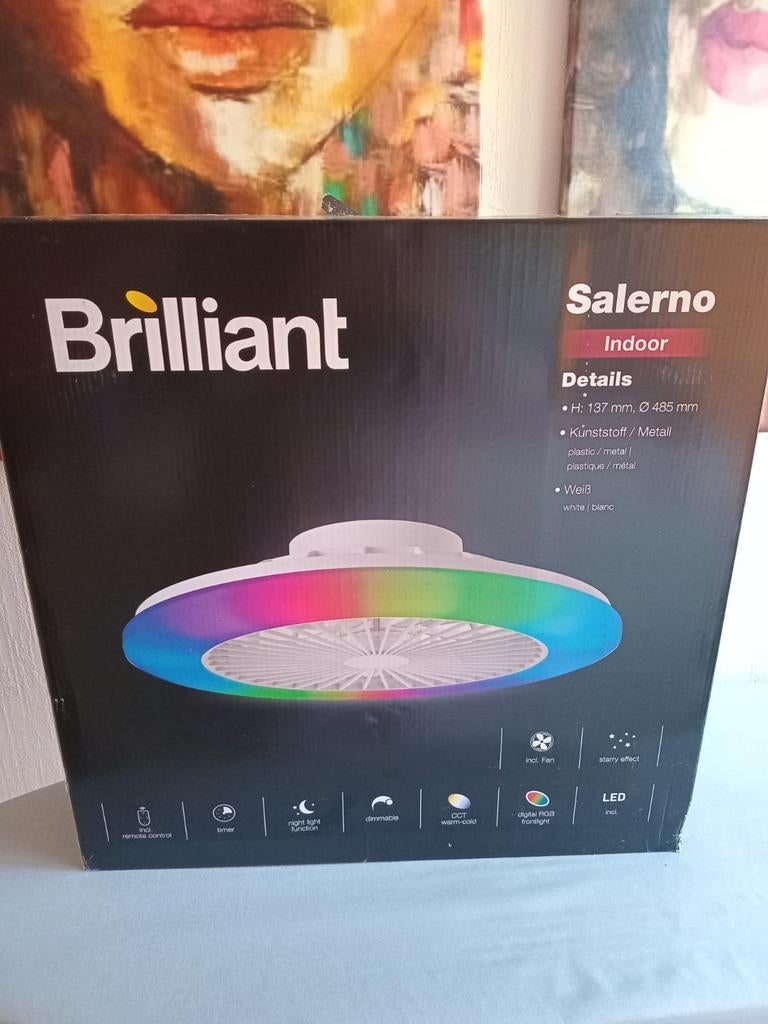 Brilliant Salerno Plafonventilator met RGB LED Verlichting, Ophalen, Nieuw, Metaal, Modern, RGB, LED, Plafondventilator