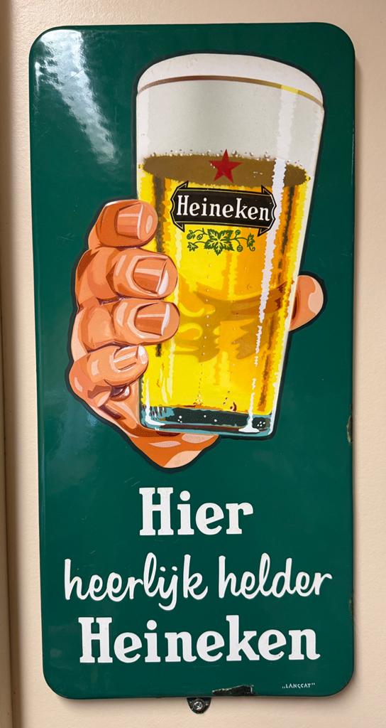 Topstaat emaille bord reclamebord Heineken Bier Langcat, Ophalen of Verzenden, Gebruikt, Reclamebord