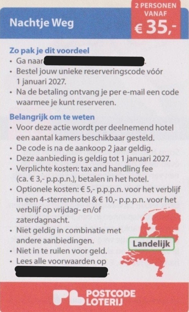 Nachtje Weg. € 35,- voor 2 personen. Postcodeloterij bon., Twee personen, 1 overnachting
