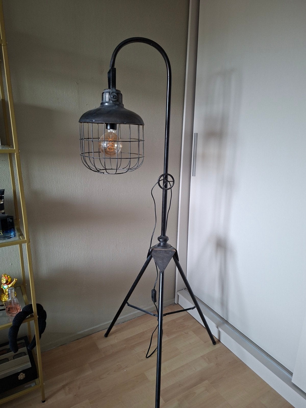 Industriële Vloerlamp met Kooi en Edison Lamp, Ophalen, Gebruikt, E27 (groot), Metaal