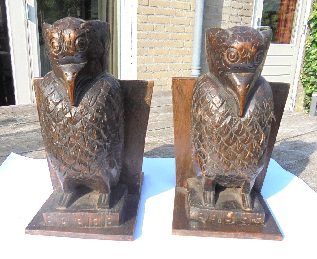 Twee houten vogels Amsterdamse School boekensteunen ca 1925., Antiek en Kunst, Houtsnijwerk, Art deco, Ophalen of Verzenden, Handgemaakt