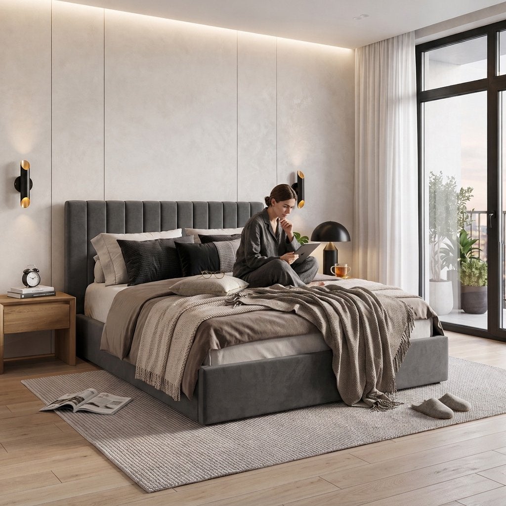 Gestoffeerd bed 180x200 + Mediro Pure matras (nieuw), Huis en Inrichting, Ophalen of Verzenden, 180 cm, 200 cm, Nieuw