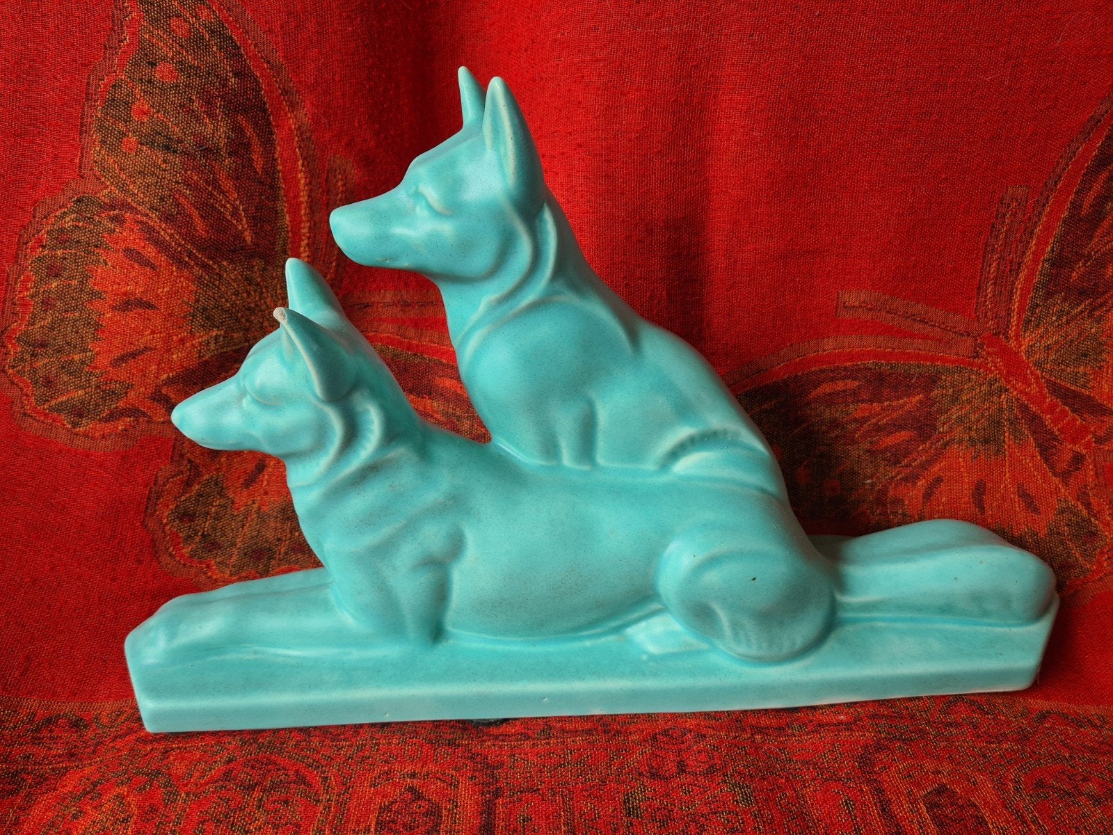 Art Deco beeld Fontinelle twee herdershonden Turquoise, Ophalen of Verzenden