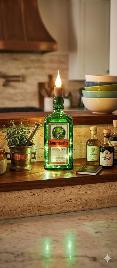 Unieke Jägermeister (0,35L) Bottle Light – Handgemaakt & Sfe, Ophalen of Verzenden, Nieuw, Glas, Minder dan 50 cm
