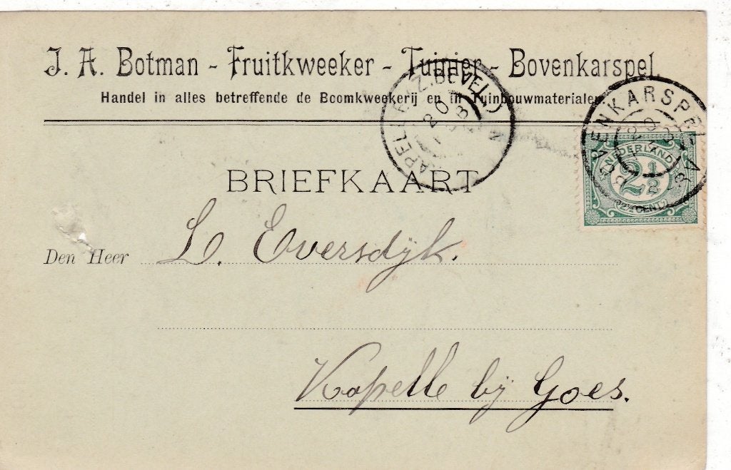 Bovenkarspel-Briefkaart J.A. Botman 1904, Ophalen of Verzenden, Voor 1920, Gelopen, Noord-Holland