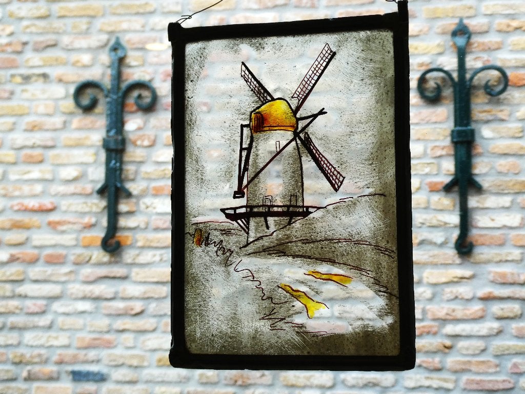 Antiek glas in lood raamhanger een oranje molen, Ophalen of Verzenden