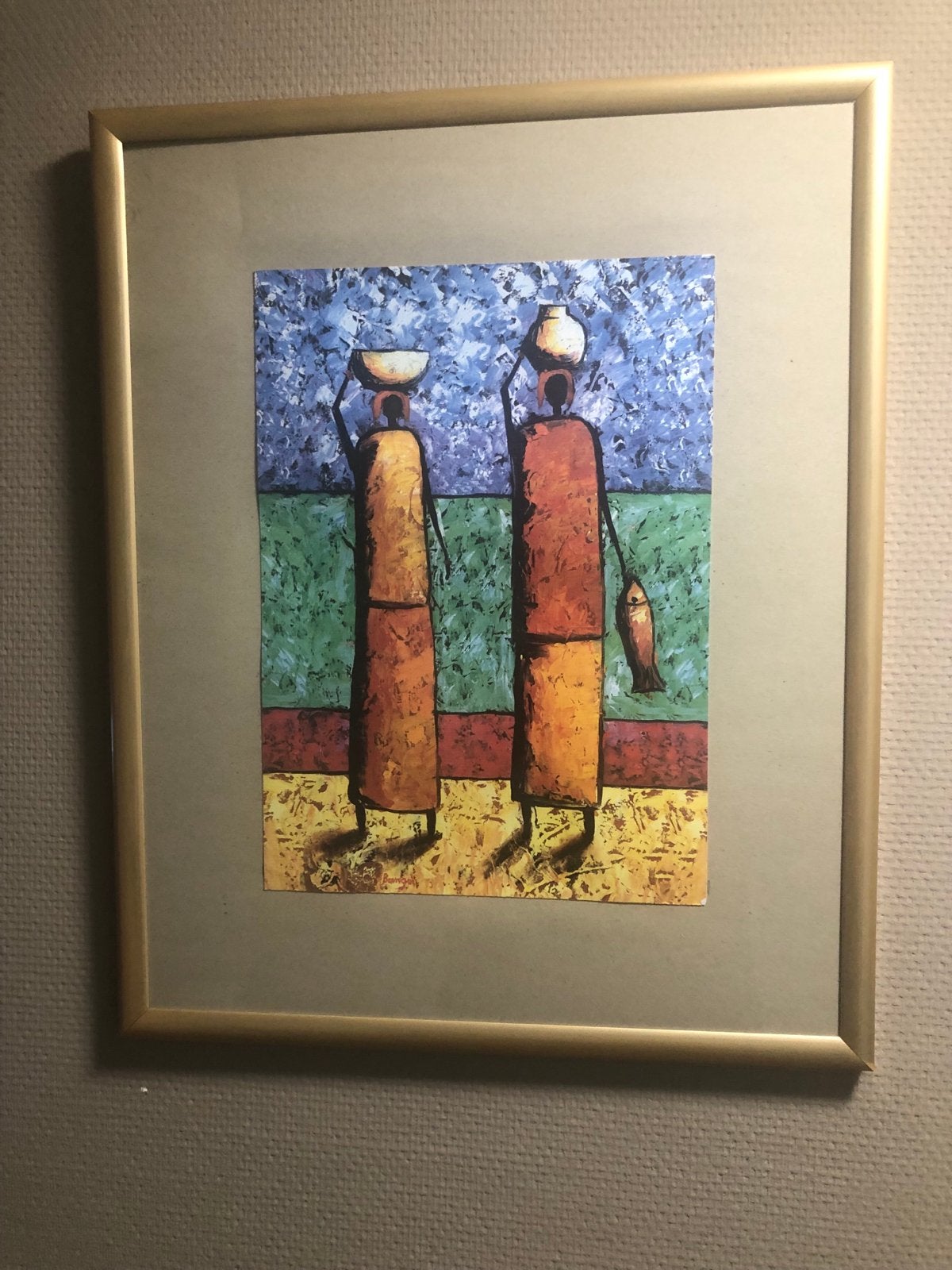 Afrikaanse kunst: reproductie met twee figuren, Antiek en Kunst, Ophalen, Schilderij, Afrika, Papier/karton