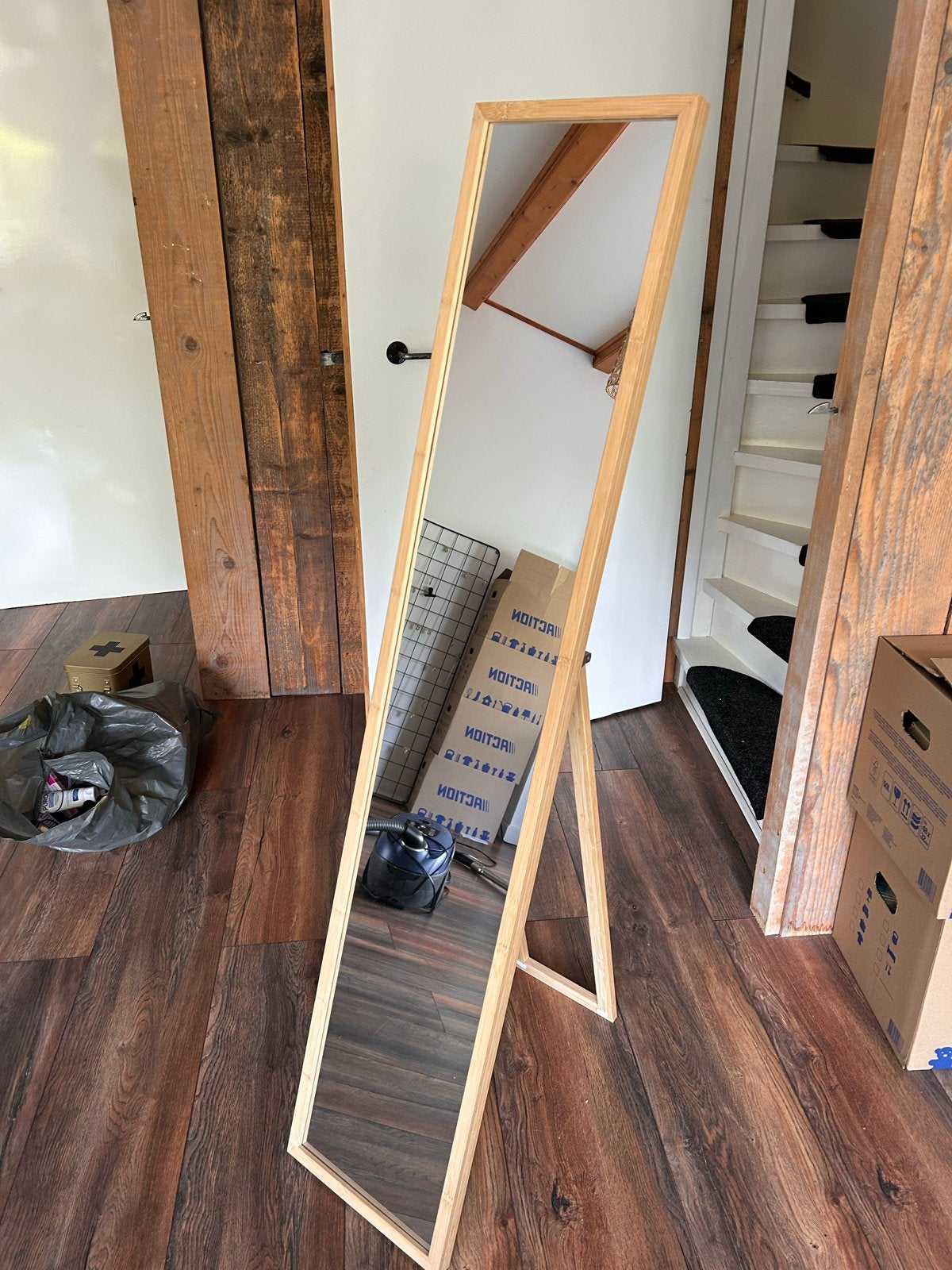 IKEA VÄRSMÅS passpiegel met bamboe frame, Ophalen of Verzenden, Zo goed als nieuw, 150 tot 200 cm, Rechthoekig