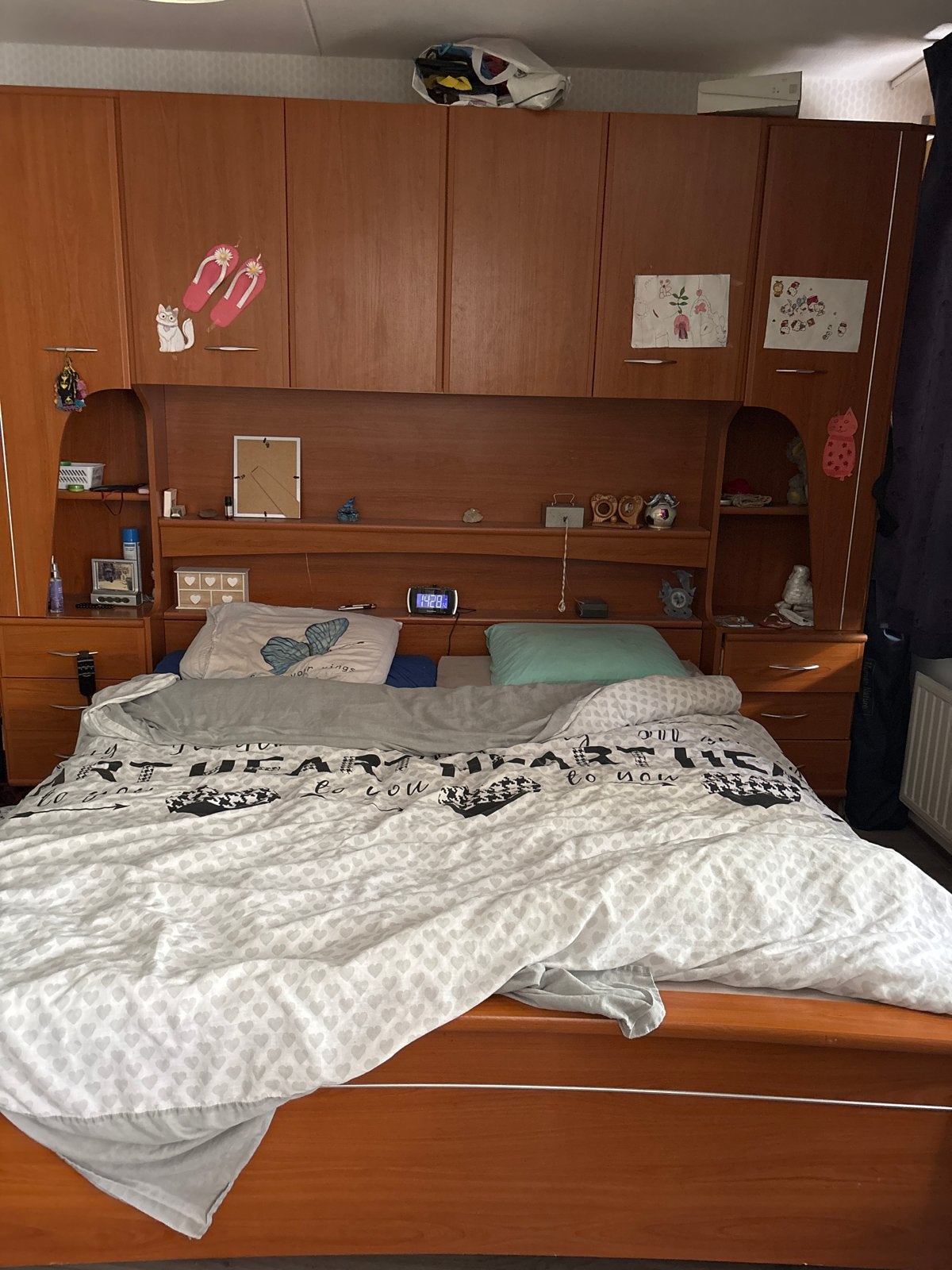 Tweepersoonsbed met ombouw en kledingkasten, Ophalen, Gebruikt, Bruin, Tweepersoons