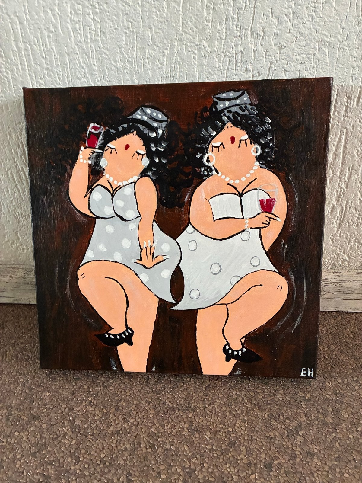 Schilderij 'Wijnen, wijnen, wijnen' - Dikke dames, Minder dan 50 cm, Oorspronkelijke maker, Nieuw, Ophalen of Verzenden
