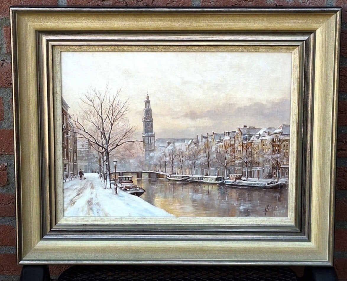 Gert-Jan VEENSTRA (Winter in Amsterdam (Prinsengracht), Antiek en Kunst, Ophalen, Doek, Realistisch, Gesigneerd
