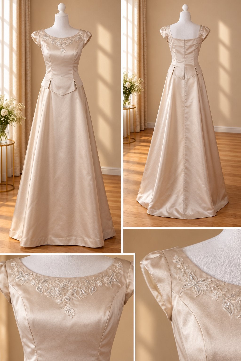 Elegante Avondjurk Maat 38/40 - Champagnekleurig met Kant, Kleding | Dames, Maat 38/40 (M), Galajurk, Beige, Ophalen of Verzenden