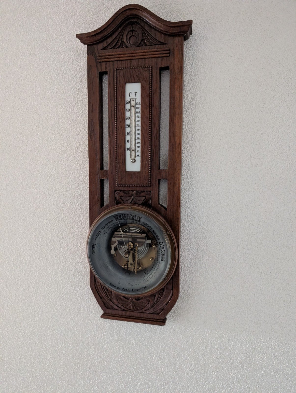 Prachtige antieke barometer met thermometer, Ophalen, Gebruikt, Weerstation