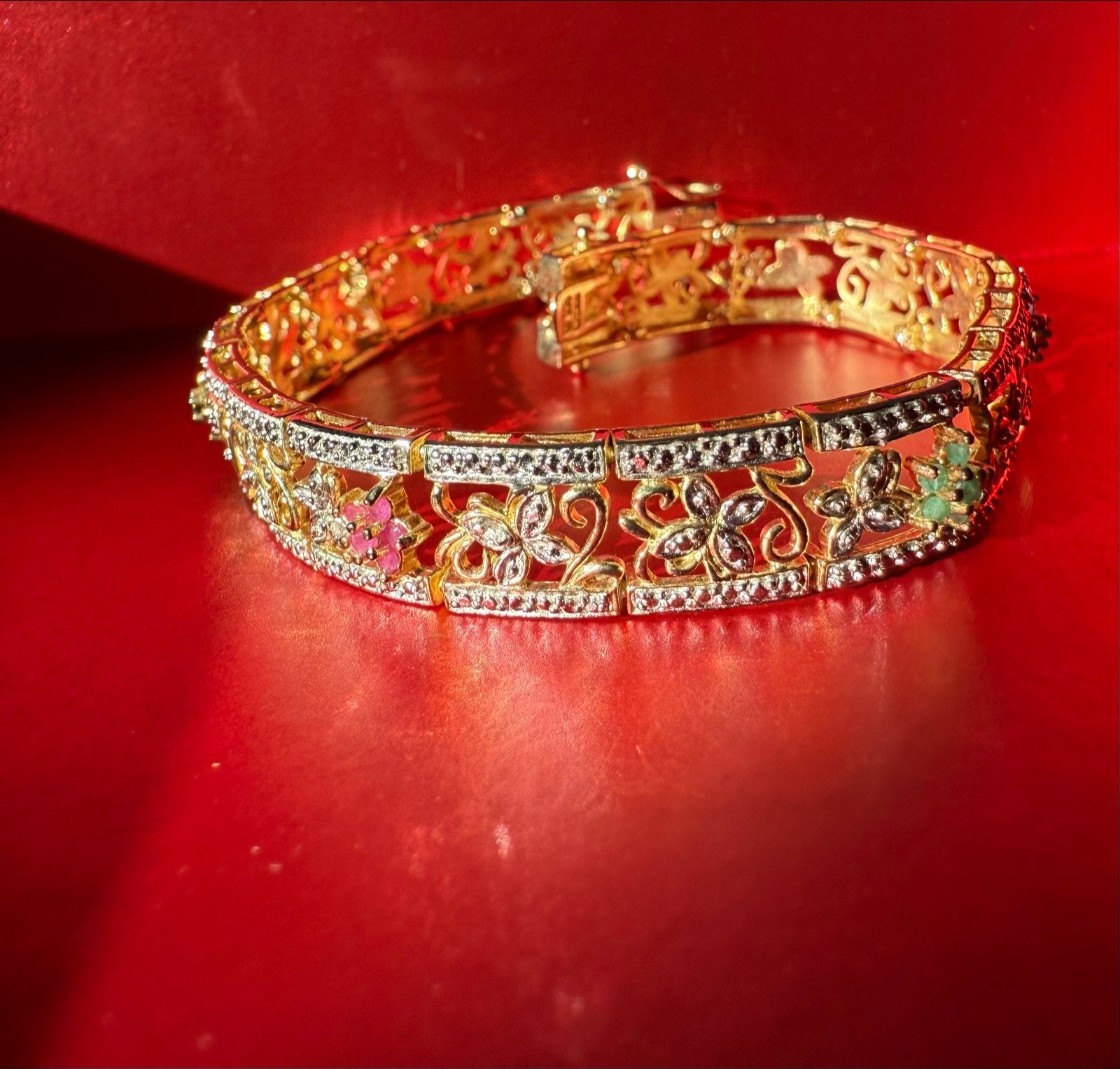 Vintage Gouden Armband met Zirkonia, Topaas, Onyx & Smaragd, Ophalen of Verzenden, Zilver, Met edelsteen