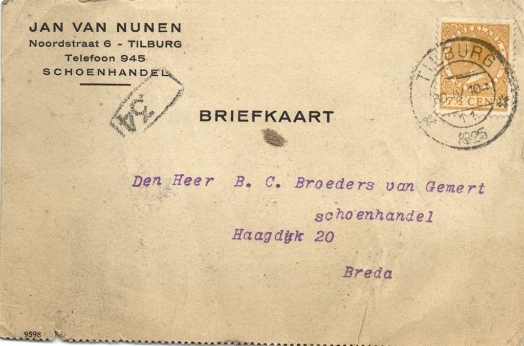 Jan van Nunen, schoenhandel, Tilburg - 04.1925 - briefkaart, Ophalen of Verzenden, Briefkaart