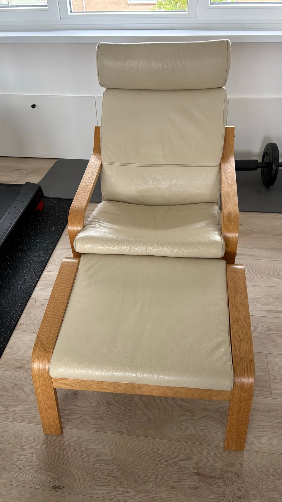 Comfort Ikea fauteuil met voetenbank - Crèmekleurig leer, Ophalen, Gebruikt, Overige kleuren, Eén