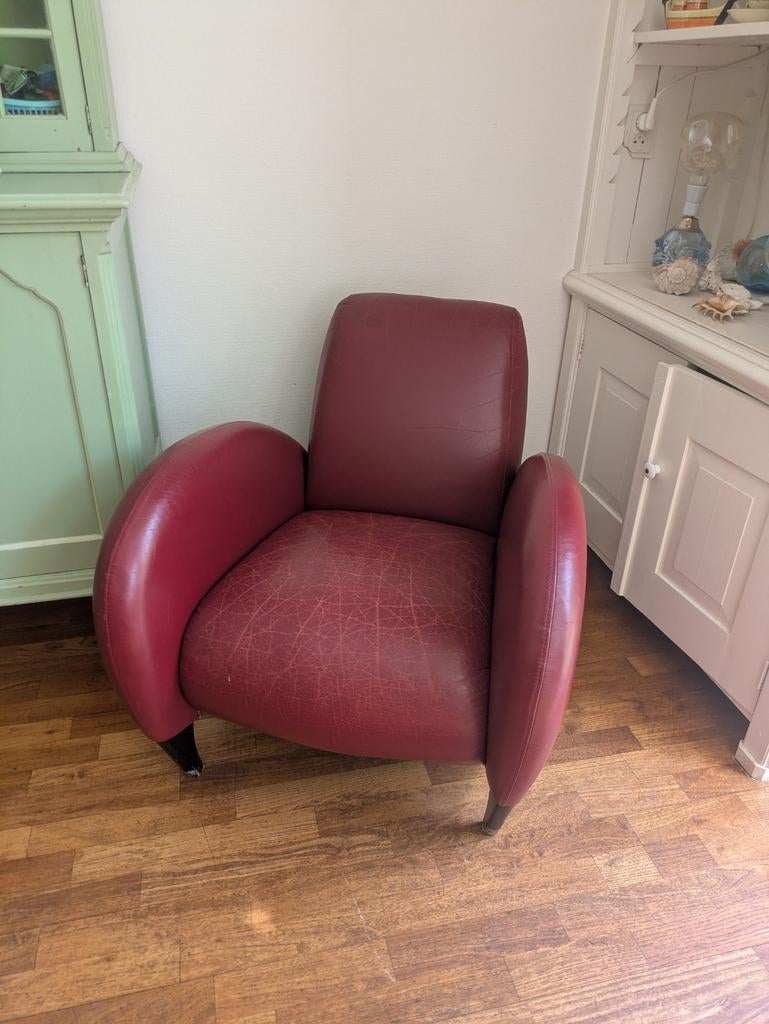 Rode leren fauteuil – Vintage design, Huis en Inrichting, Fauteuils, Ophalen, Gebruikt, 75 tot 100 cm, Leer