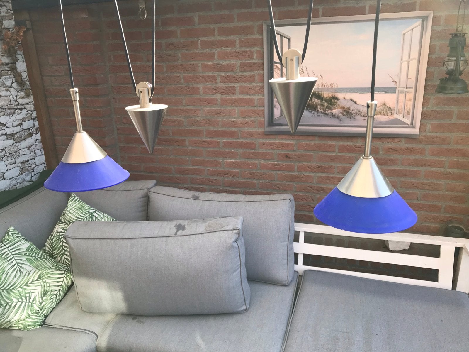 Set van 2 blauwe hanglampjes, Huis en Inrichting, Lampen | Hanglampen, Gebruikt, Glas, Metaal, E27 (groot), Ophalen of Verzenden
