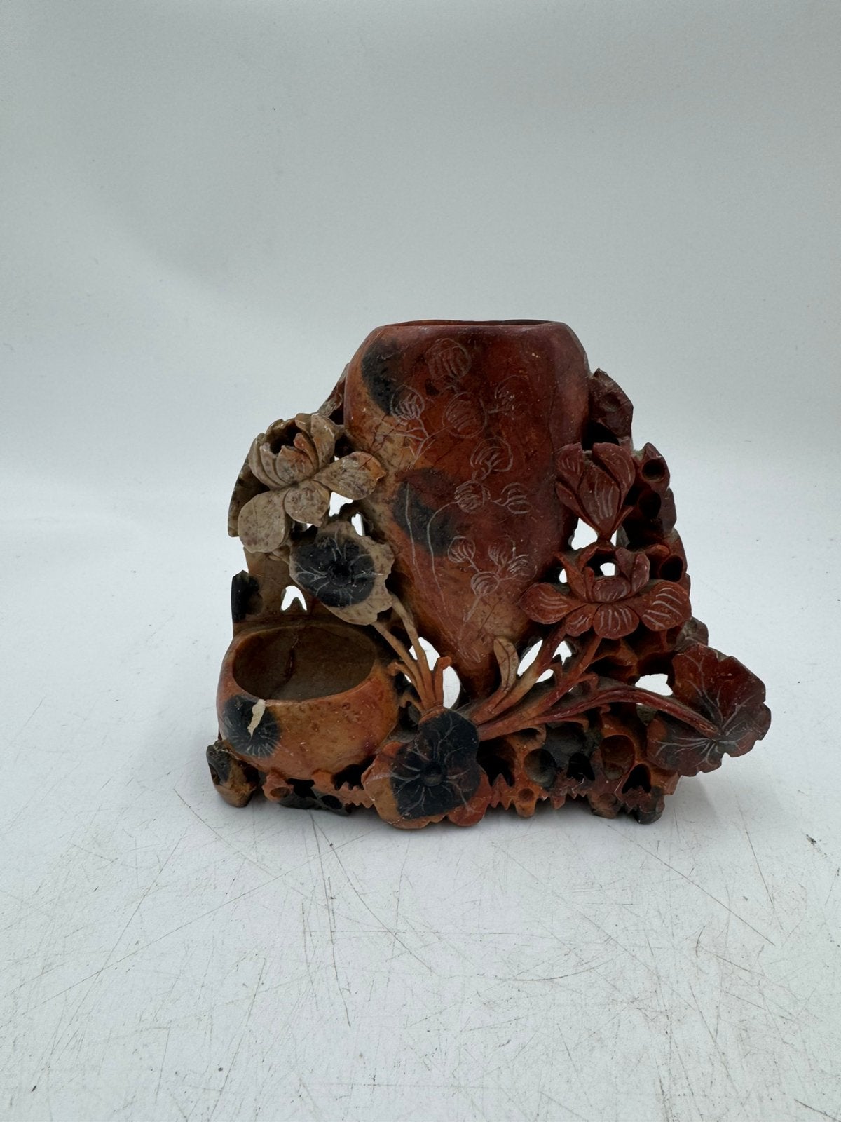 Antieke Chinese Speksteen Vaas & Penselenhouder (Soapstone), Ophalen of Verzenden