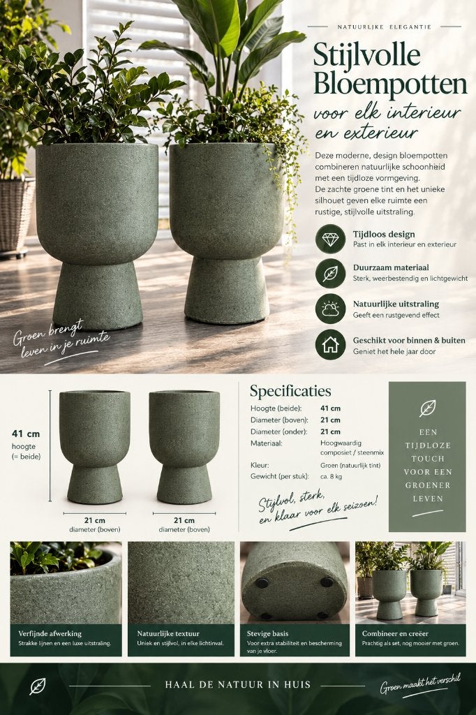 2 stijlvolle design bloempotten, groen/grijs, 41 cm hoog, Rond, Nieuw, Binnen, Aardewerk