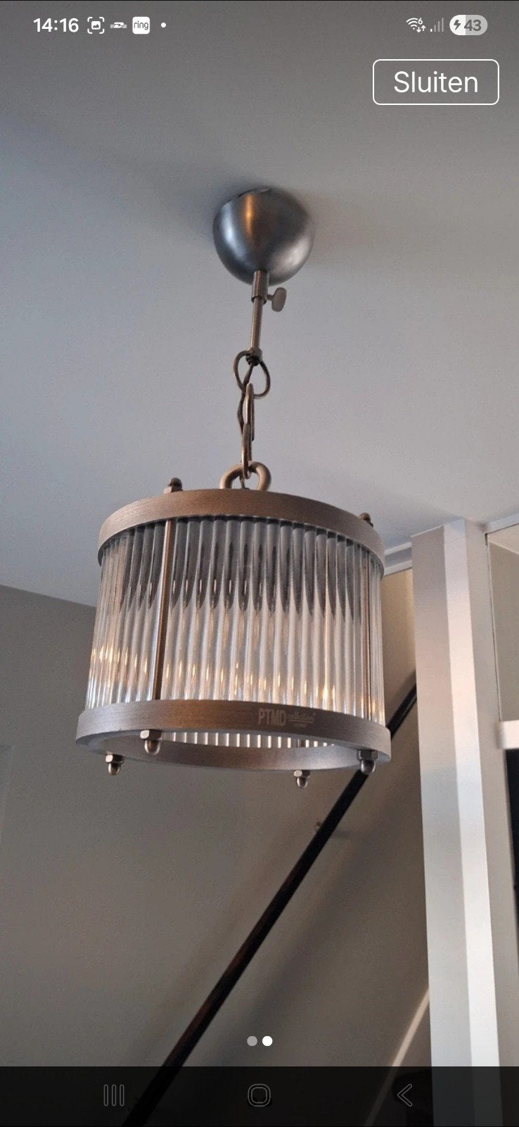 PTMD Industriële hanglamp met geribbeld glas, Ophalen of Verzenden, Zo goed als nieuw, Glas, Industrieel