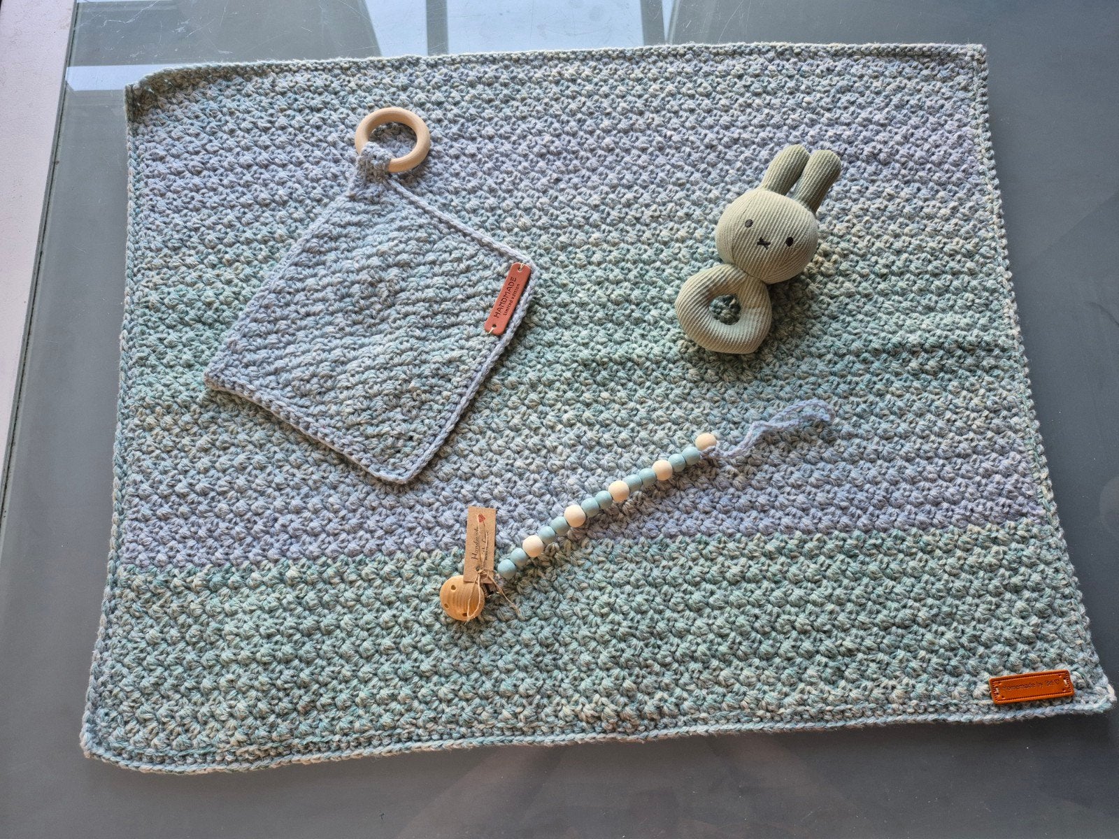 Handgehaakt babydekentje set blauw/groen, Ophalen of Verzenden, Nieuw, Deken