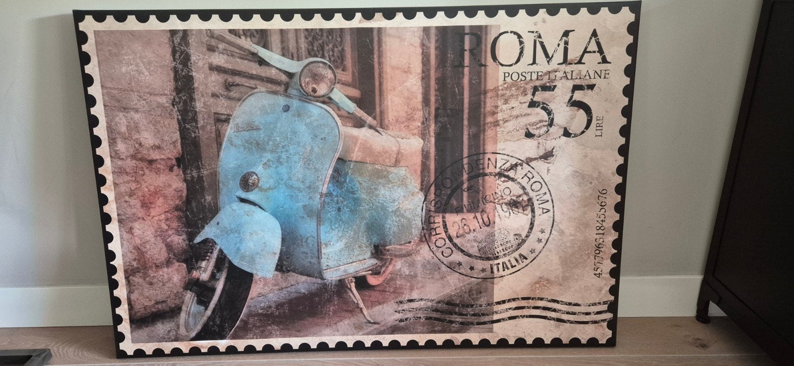 Canvas Poster Vespa Scooter Rome Postzegel Stijl, Ophalen, Rechthoekig Liggend, Zo goed als nieuw, Canvas of Doek
