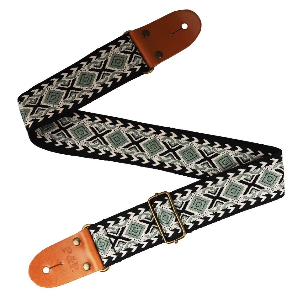 P&P geborduurde katoenen groen zwart (bas)gitaarband strap, Moku Custom Guitars, Nieuw, 4613CB, Ophalen of Verzenden